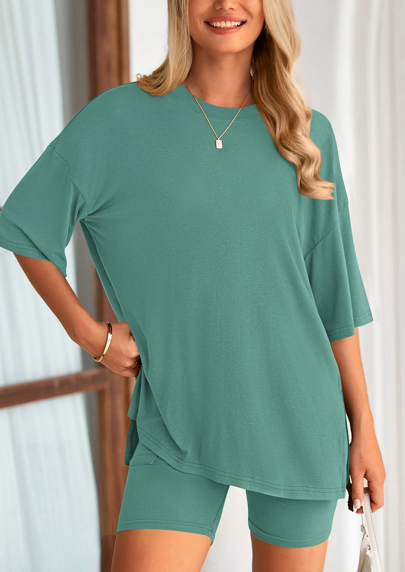 Osonn Women's Two Piece Lounge Set Summer Casual Oversized Shirts Biker Shorts Matching Airport Travel Outfit