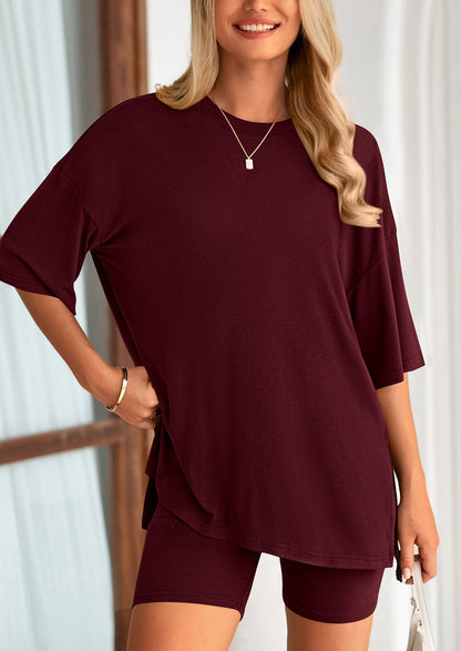 Osonn Women's Two Piece Lounge Set Summer Casual Oversized Shirts Biker Shorts Matching Airport Travel Outfit