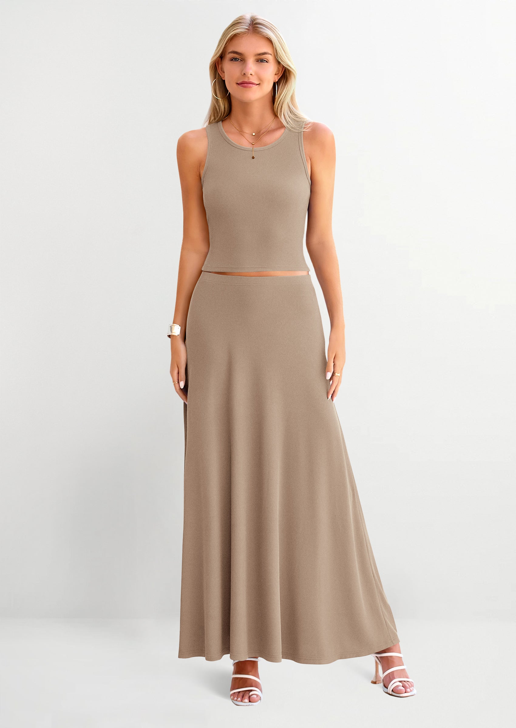 Osonn 2 Piece Maxi Skirt Sets Casual Knit Cropped Tank Top High Waisted Long Skirts Outfit