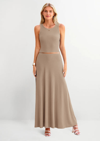 Osonn 2 Piece Maxi Skirt Sets Casual Knit Cropped Tank Top High Waisted Long Skirts Outfit