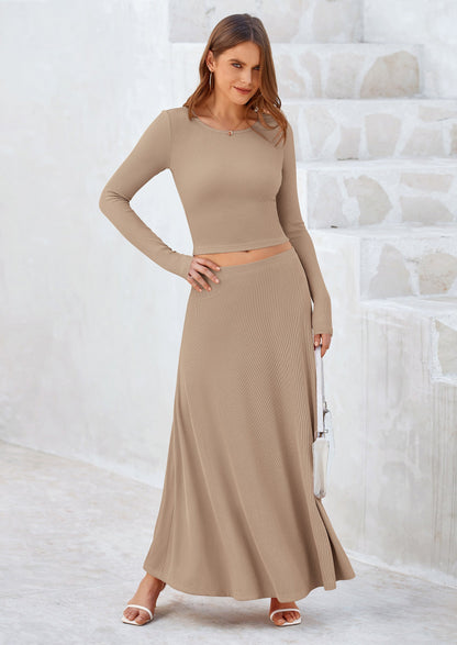 Osonn 2 Piece Casual Ribbed Knit Long Sleeve Crop Tops Maxi Flowy Skirts Matching Sets