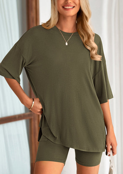 Osonn Women's Two Piece Lounge Set Summer Casual Oversized Shirts Biker Shorts Matching Airport Travel Outfit