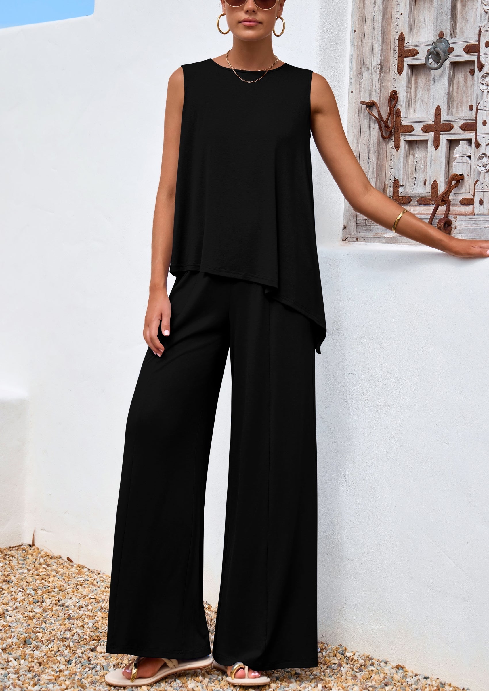 Osonn Women's Two Piece Matching Lounge Sets Asymmetrical Split Tank Tops Wide Leg Pants Summer Outfits Tracksuit