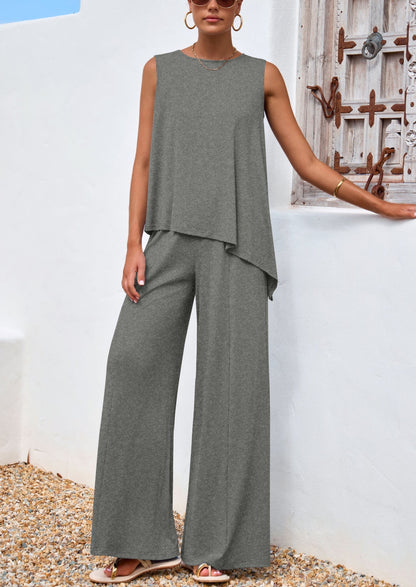 Osonn Women's Two Piece Matching Lounge Sets Asymmetrical Split Tank Tops Wide Leg Pants Summer Outfits Tracksuit