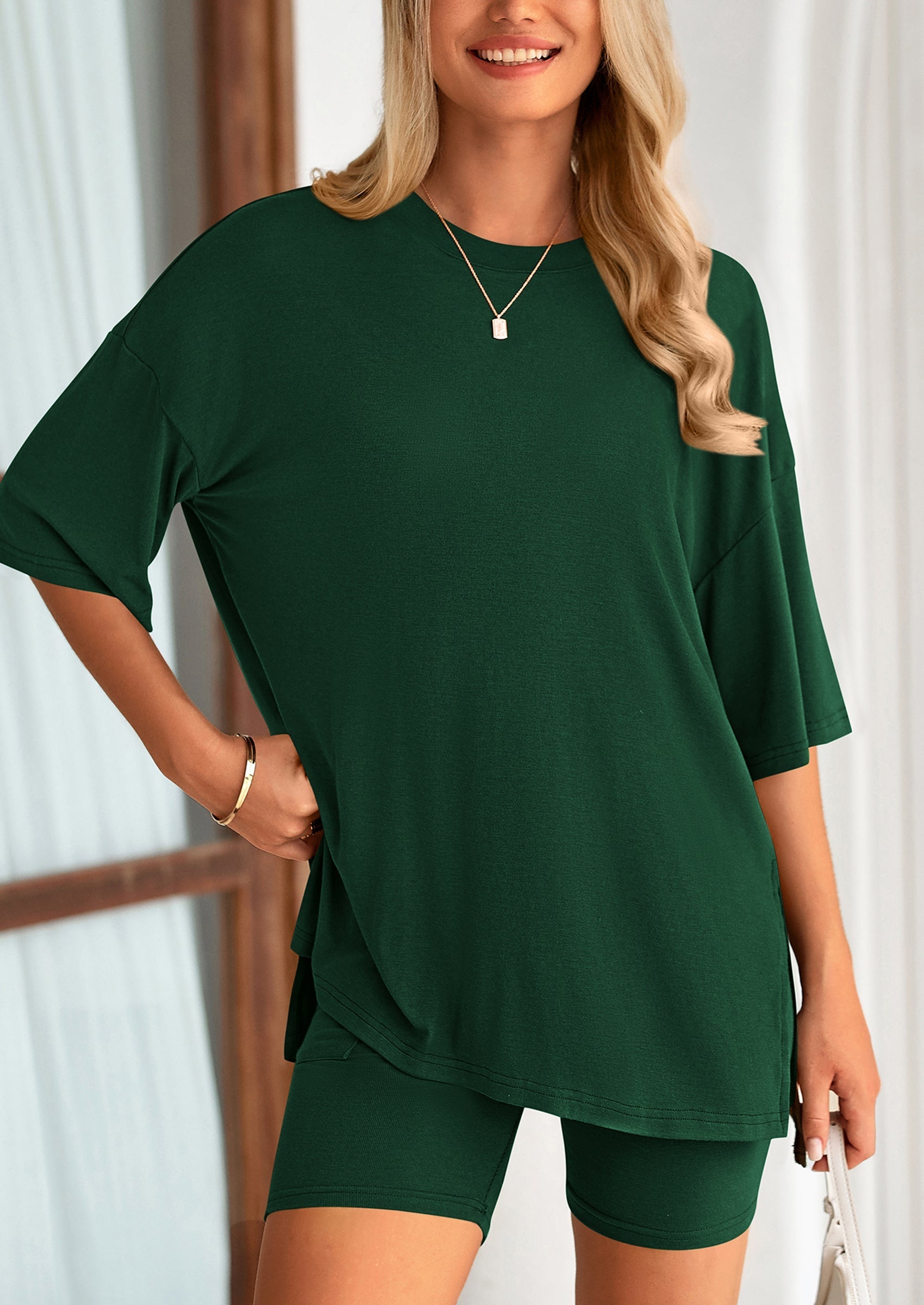Osonn Women's Two Piece Lounge Set Summer Casual Oversized Shirts Biker Shorts Matching Airport Travel Outfit