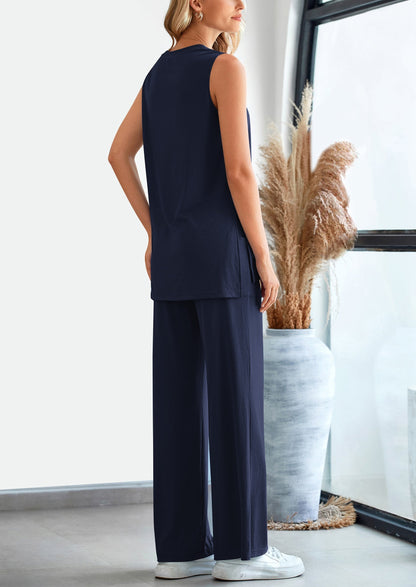 Osonn 2 Piece Set Loose Tank Top Wide Leg Pants Casual Matching Outfits Tracksuit