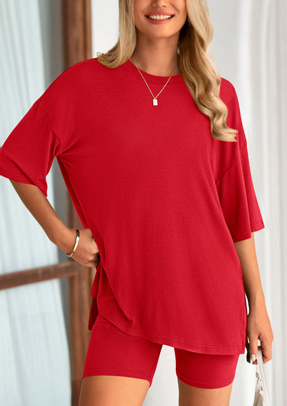 Osonn Women's Two Piece Lounge Set Summer Casual Oversized Shirts Biker Shorts Matching Airport Travel Outfit
