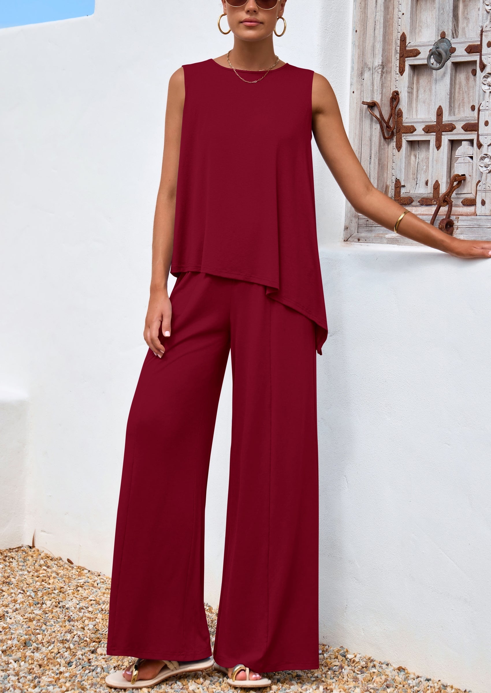 Osonn Women's Two Piece Matching Lounge Sets Asymmetrical Split Tank Tops Wide Leg Pants Summer Outfits Tracksuit
