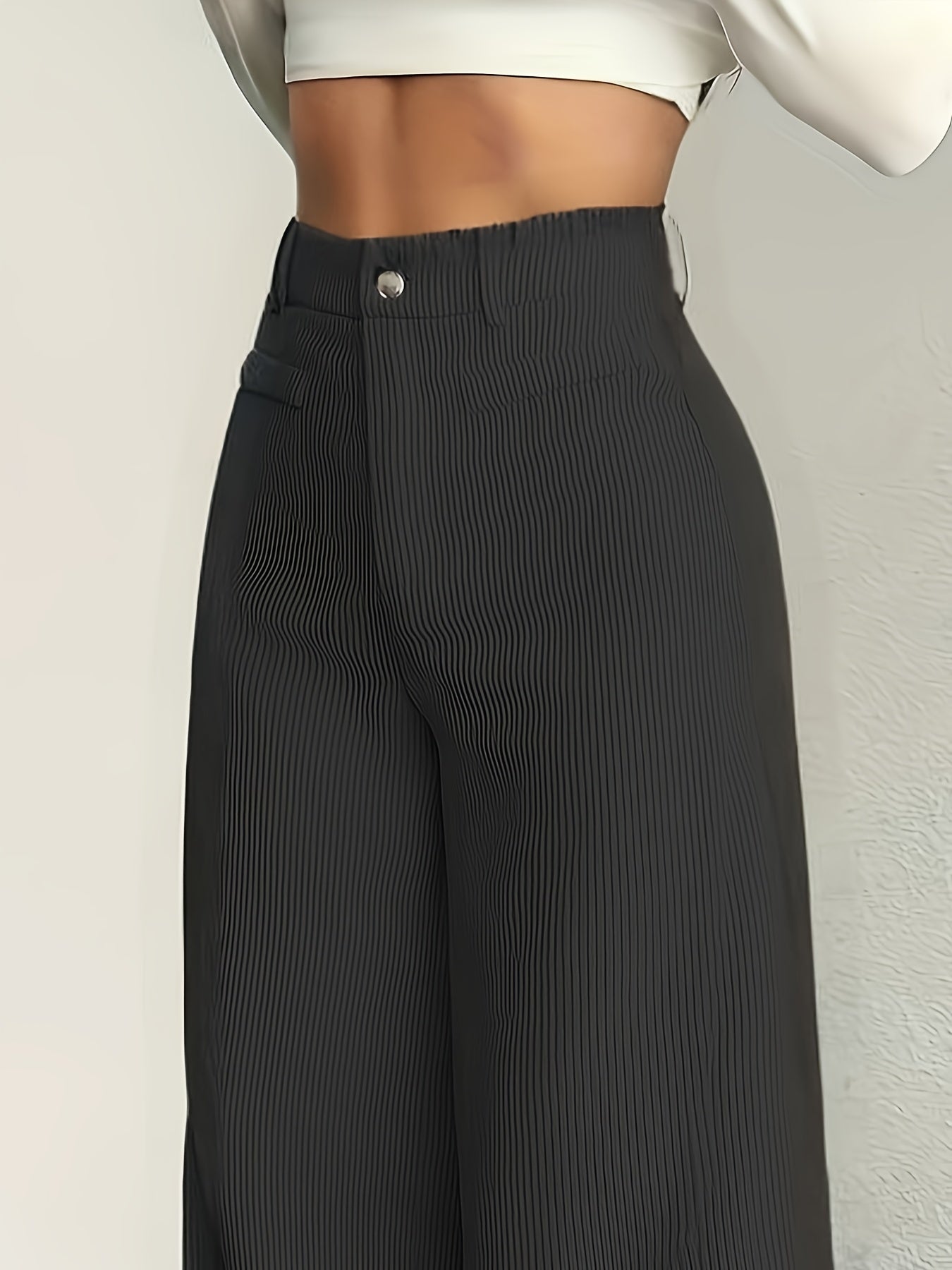 Calças de Cintura Subida e Perna Larga com Orelhas de Gato MS25072820 para Mulher - Calças Casuais com Textura de Bombazine, Conforto para Todas as Estações, Conjunto de Três Peças de Calças Bege Laváveis à Máquina
