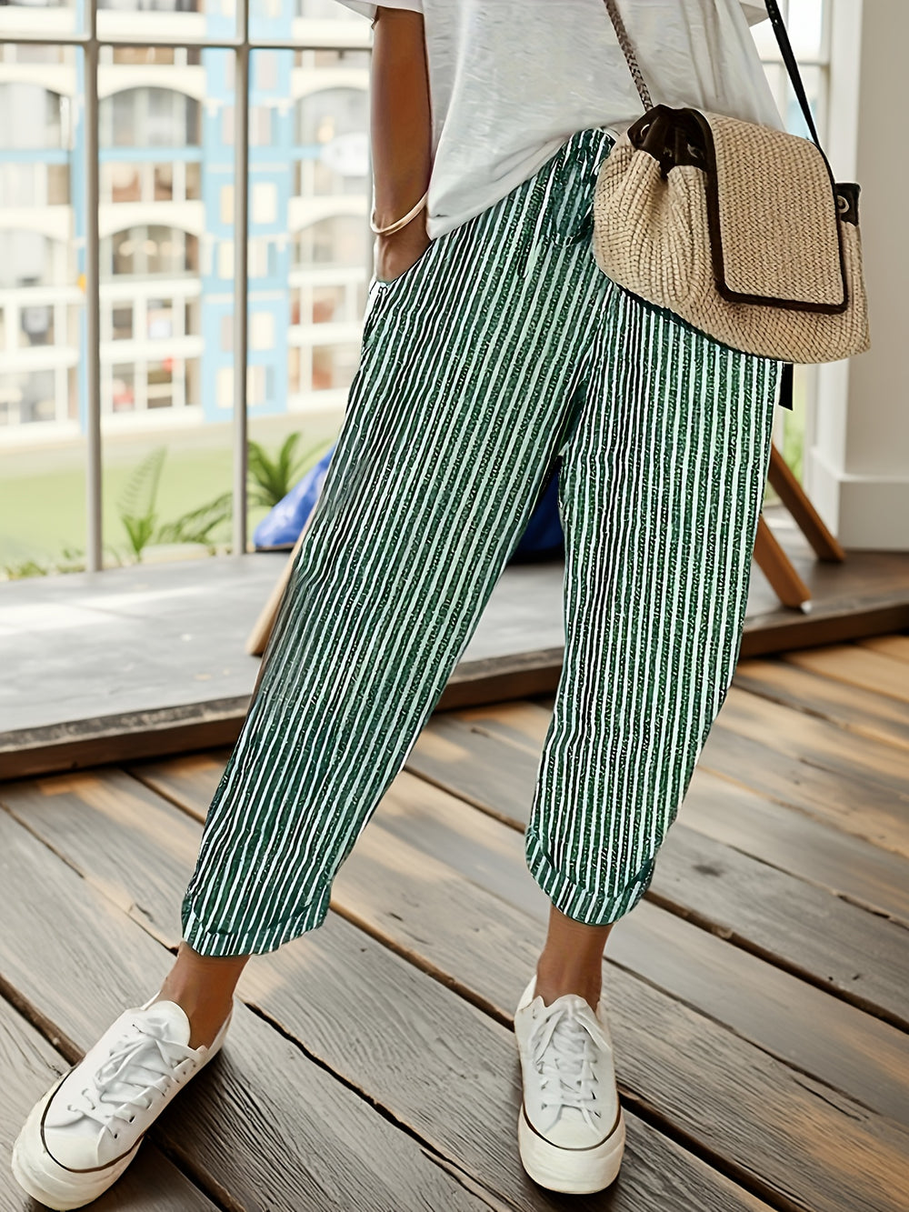 Women's Striped Wide-Leg Casual Pants - High-Waisted, Lightweight Polyester, Machine Washable, All-Season Comfort with Side Stripe Detail