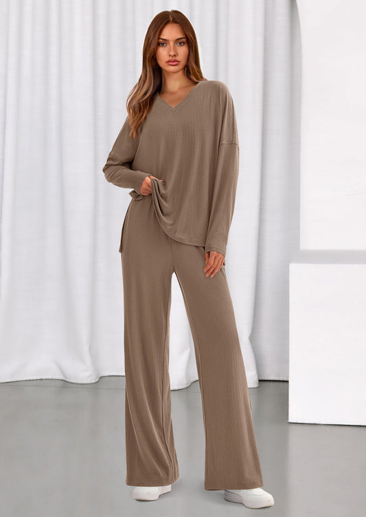Osonn 2 Piece Lounge Sets for Women Fall Outfits Casual Loose Long Sleeve Tops Wide Leg Pants Matching Pajama Set