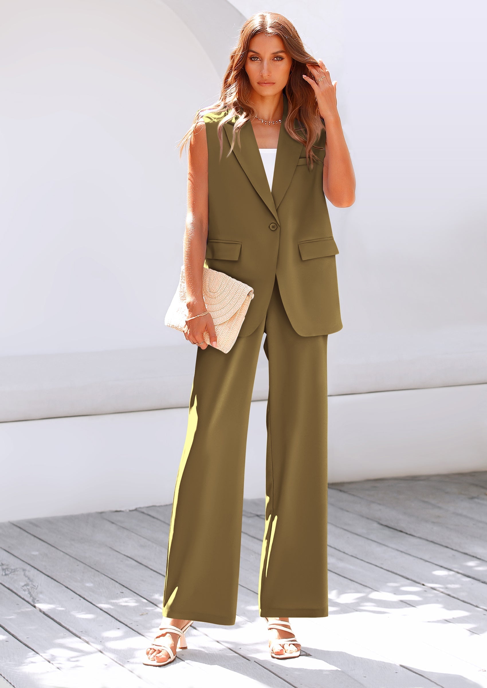 Osonn Women's 2 Piece Outfits Sleeveless Suit Vest and Wide Leg Pants Business Casual Blazer Sets