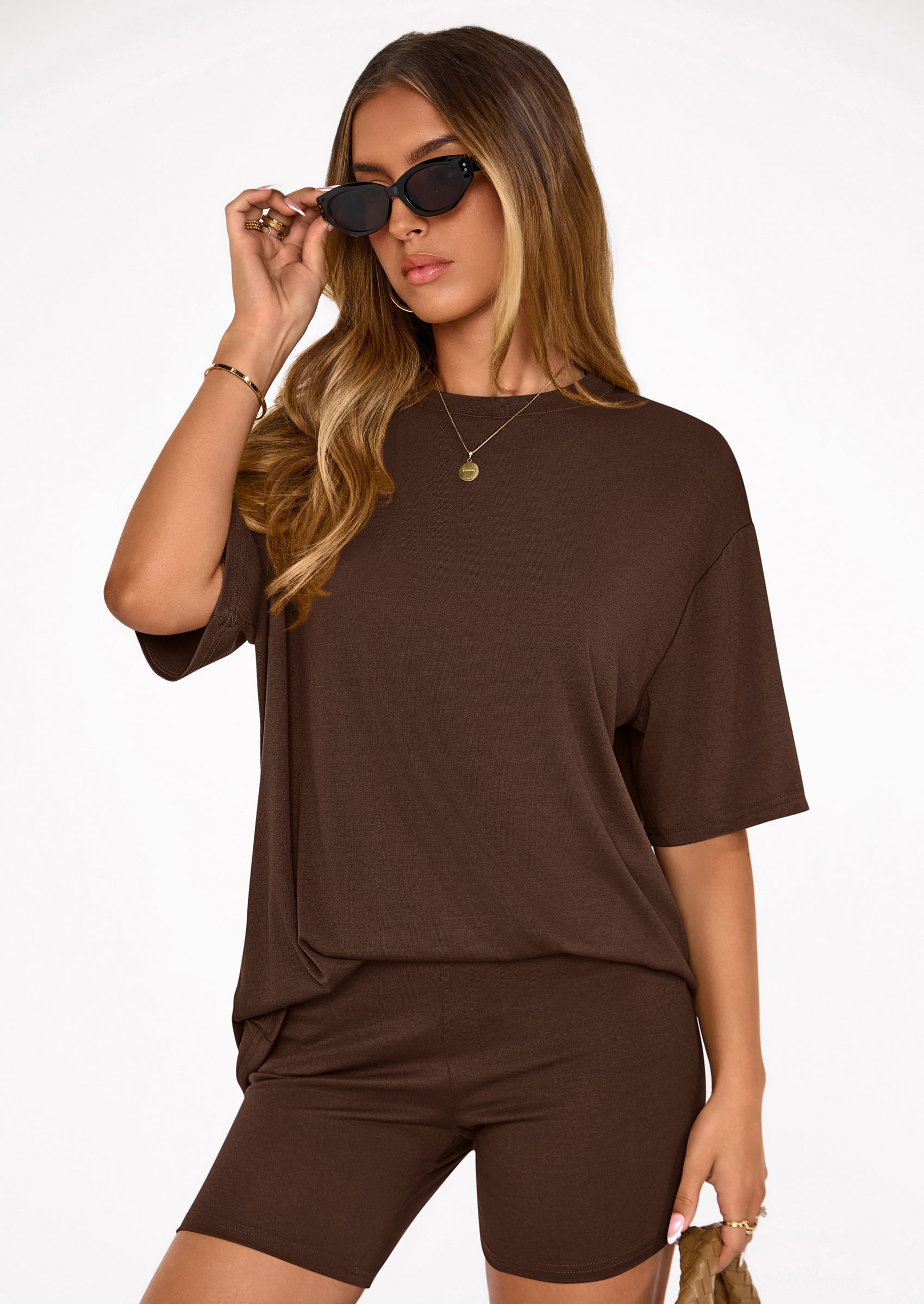 Osonn Women's Two Piece Matching Lounge Sets Summer Casual Tops Short Sleeve Shirts Shorts Travel Airport Outfits