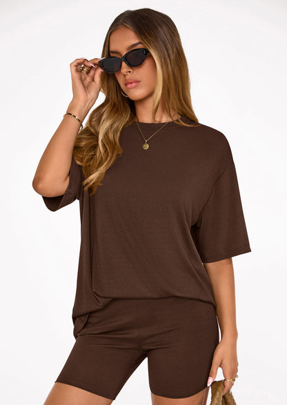 Osonn Women's Two Piece Matching Lounge Sets Summer Casual Tops Short Sleeve Shirts Shorts Travel Airport Outfits
