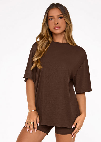 Osonn Women's Two Piece Matching Lounge Sets Summer Casual Tops Short Sleeve Shirts Shorts Travel Airport Outfits