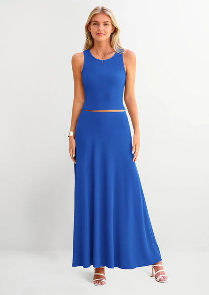 Osonn 2 Piece Maxi Skirt Sets Casual Knit Cropped Tank Top High Waisted Long Skirts Outfit