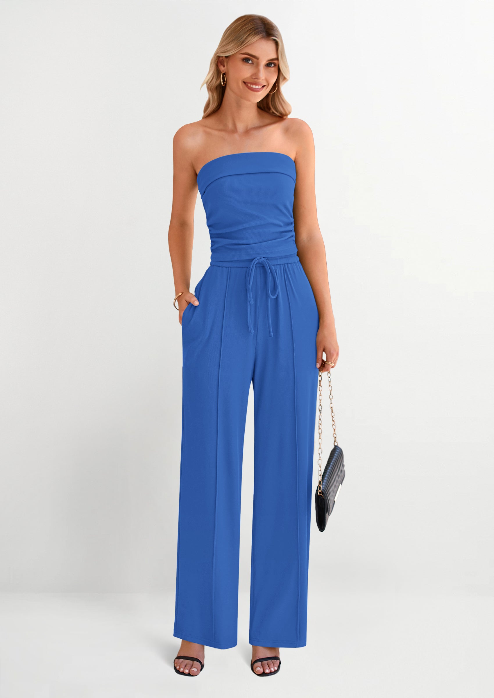 Osonn 2 Piece Sets Casual Ribbed Knit Crop Tube Top Wide Leg Pants Lounge Set
