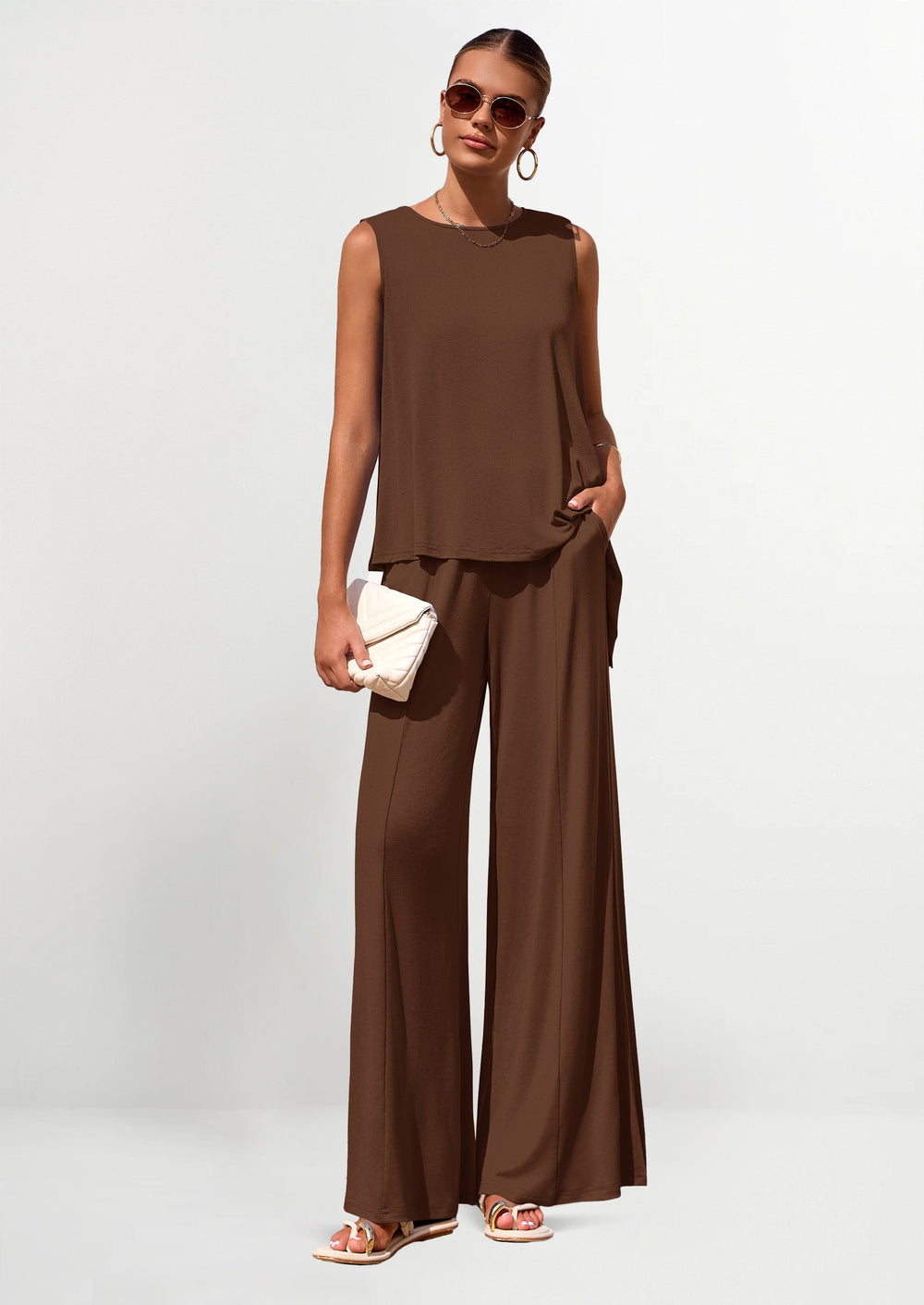 Osonn Women's Two Piece Matching Lounge Sets Asymmetrical Split Tank Tops Wide Leg Pants Summer Outfits Tracksuit