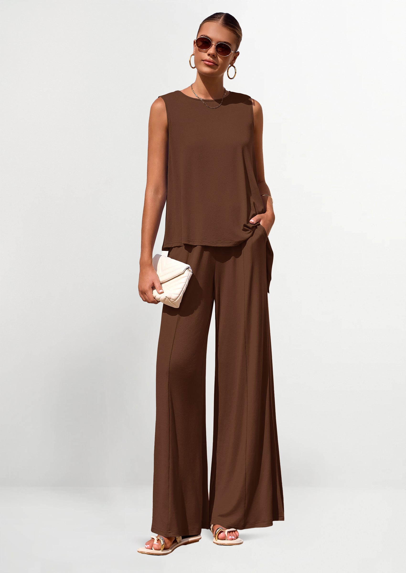 Osonn Women's Two Piece Matching Lounge Sets Asymmetrical Split Tank Tops Wide Leg Pants Summer Outfits Tracksuit