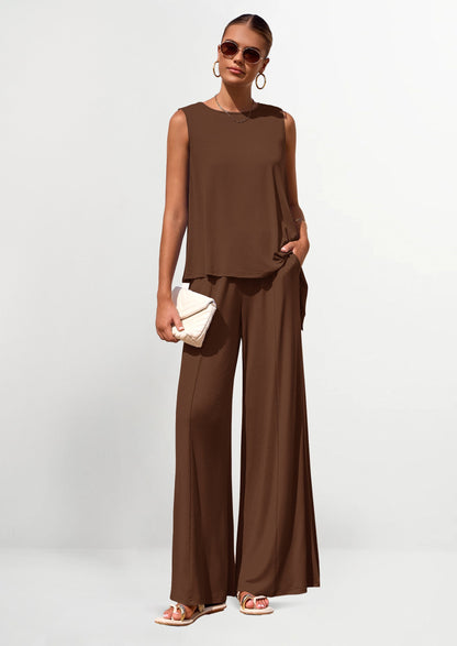 Osonn Women's Two Piece Matching Lounge Sets Asymmetrical Split Tank Tops Wide Leg Pants Summer Outfits Tracksuit