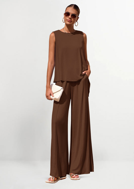 Osonn Women's Two Piece Matching Lounge Sets Asymmetrical Split Tank Tops Wide Leg Pants Summer Outfits Tracksuit