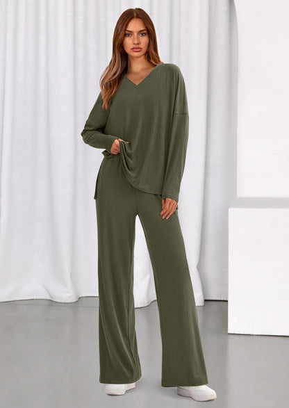 Osonn 2 Piece Lounge Sets for Women Fall Outfits Casual Loose Long Sleeve Tops Wide Leg Pants Matching Pajama Set
