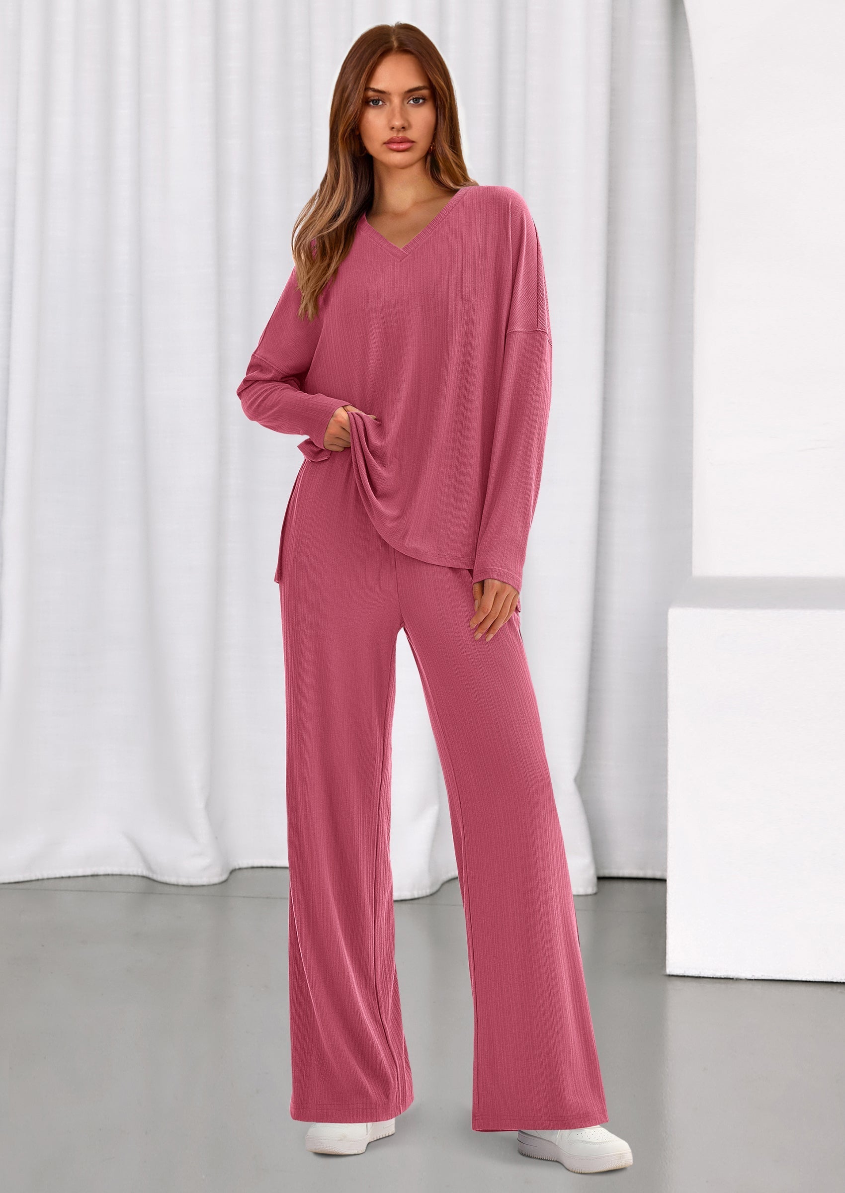 Osonn 2 Piece Lounge Sets for Women Fall Outfits Casual Loose Long Sleeve Tops Wide Leg Pants Matching Pajama Set