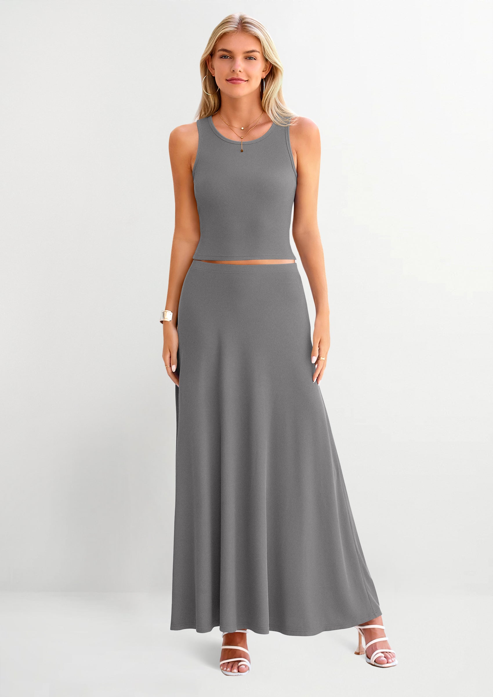 Osonn 2 Piece Maxi Skirt Sets Casual Knit Cropped Tank Top High Waisted Long Skirts Outfit