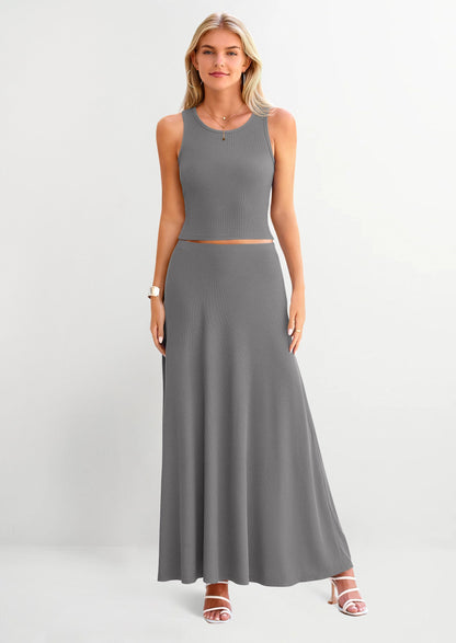 Osonn 2 Piece Maxi Skirt Sets Casual Knit Cropped Tank Top High Waisted Long Skirts Outfit