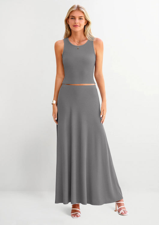 Osonn 2 Piece Maxi Skirt Sets Casual Knit Cropped Tank Top High Waisted Long Skirts Outfit
