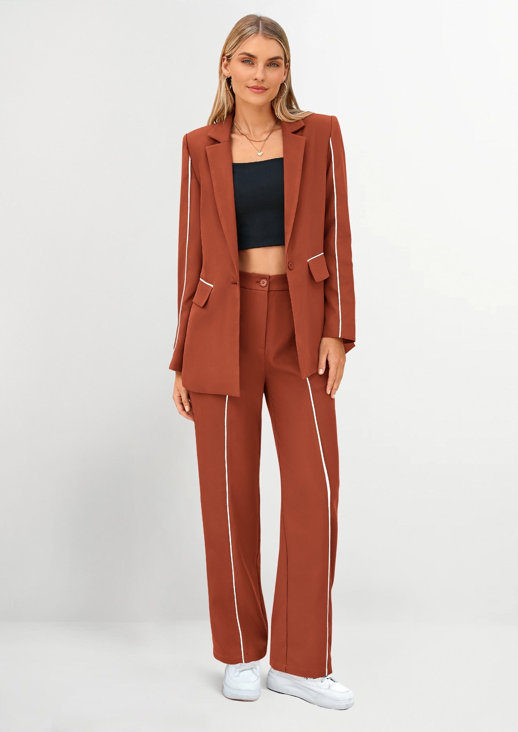 Osonn 2 Piece Blazer Outfits Business Casual Oversized Jacket Wide Leg Work Pants Dressy Suit Set