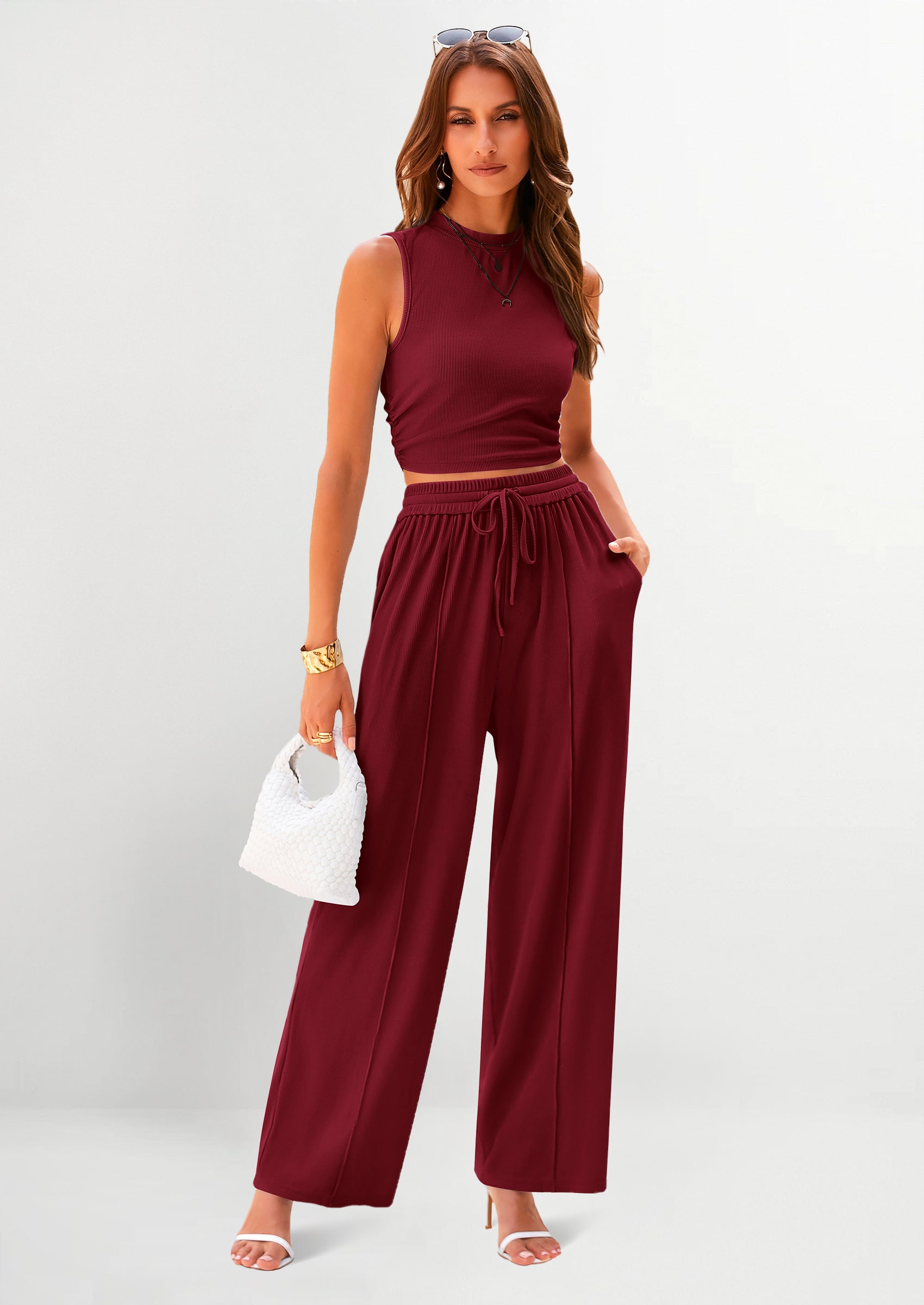 Osonn 2 Piece Sets Sleeveless Tank Ribbed Travel Vacation Lounge Wear Outfits