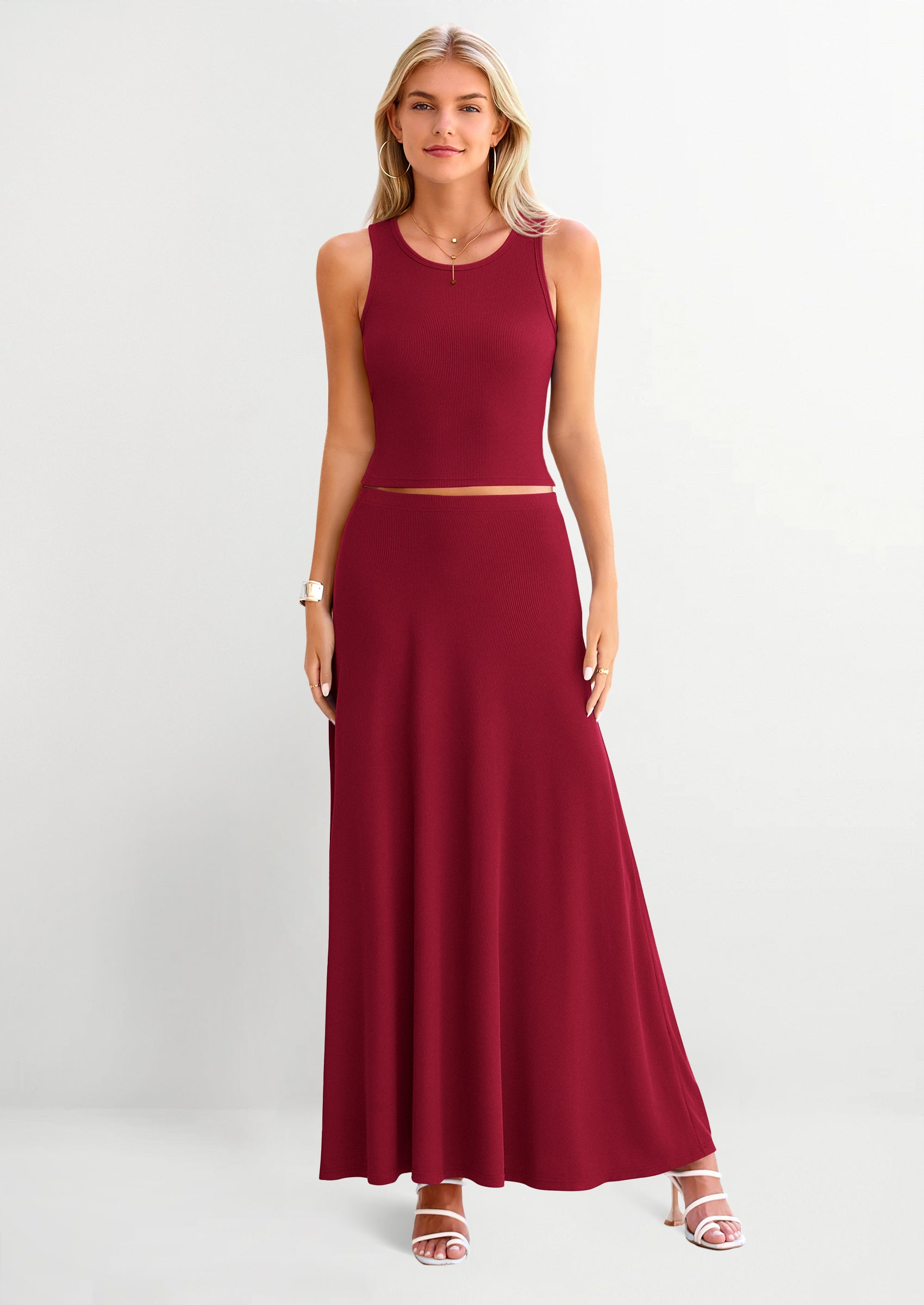 Osonn 2 Piece Maxi Skirt Sets Casual Knit Cropped Tank Top High Waisted Long Skirts Outfit