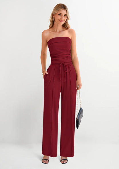 Osonn 2 Piece Sets Casual Ribbed Knit Crop Tube Top Wide Leg Pants Lounge Set