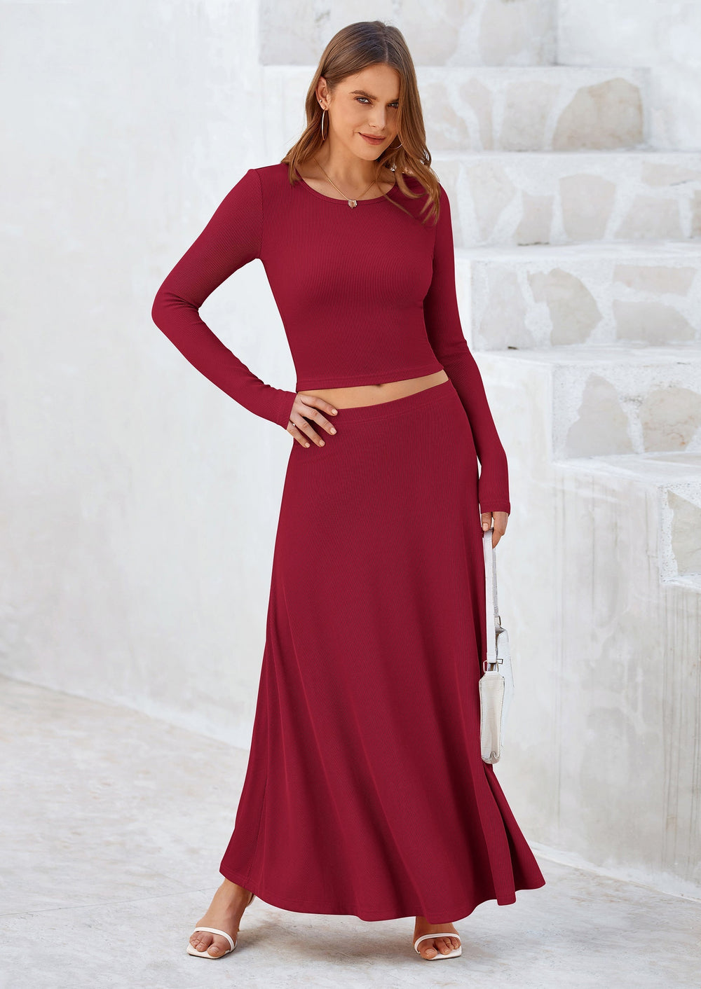 Osonn 2 Piece Casual Ribbed Knit Long Sleeve Crop Tops Maxi Flowy Skirts Matching Sets