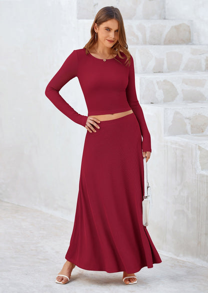Osonn 2 Piece Casual Ribbed Knit Long Sleeve Crop Tops Maxi Flowy Skirts Matching Sets
