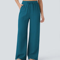 High Waisted Drawstring Pocket Wide Leg Casual Linen-Feel Pants