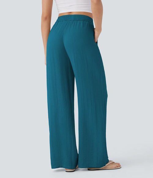 High Waisted Drawstring Pocket Wide Leg Casual Linen-Feel Pants