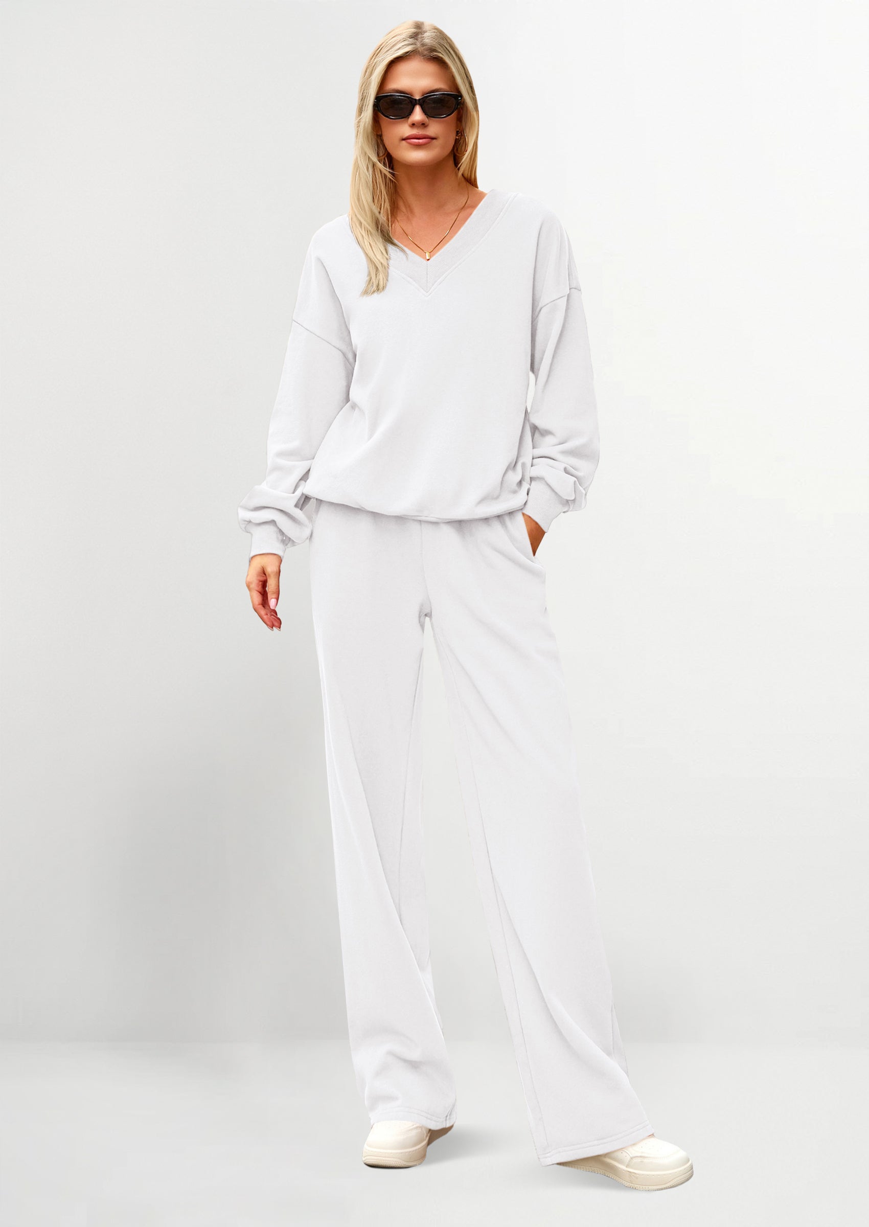 Osonn Casual Winter Two Piece Sets for Women V Neck Sweatshirt Loose Wide Leg Pants Tracksuit Knit Fall Outfits