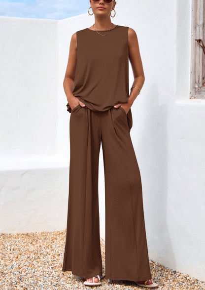 Osonn Women's Two Piece Matching Lounge Sets Asymmetrical Split Tank Tops Wide Leg Pants Summer Outfits Tracksuit