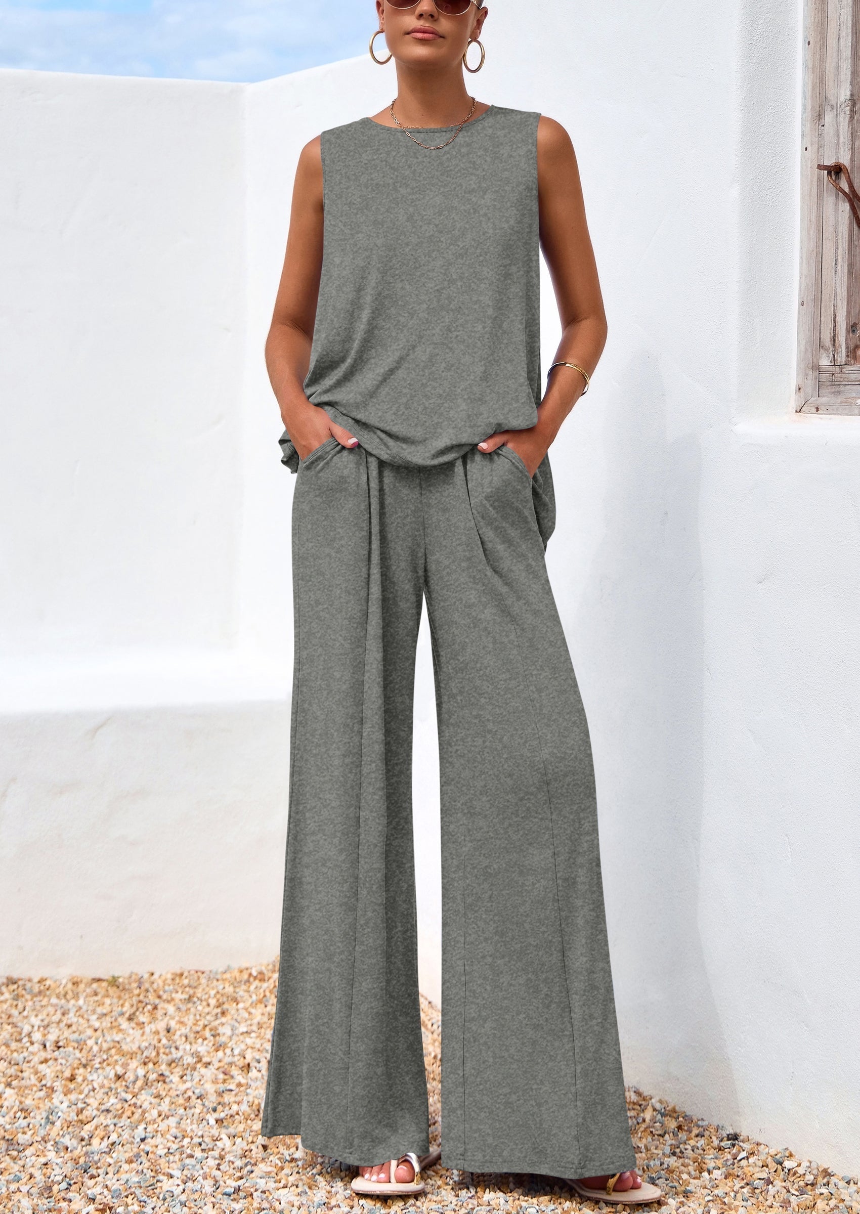 Osonn Women's Two Piece Matching Lounge Sets Asymmetrical Split Tank Tops Wide Leg Pants Summer Outfits Tracksuit