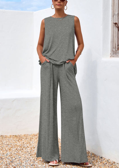Osonn Women's Two Piece Matching Lounge Sets Asymmetrical Split Tank Tops Wide Leg Pants Summer Outfits Tracksuit