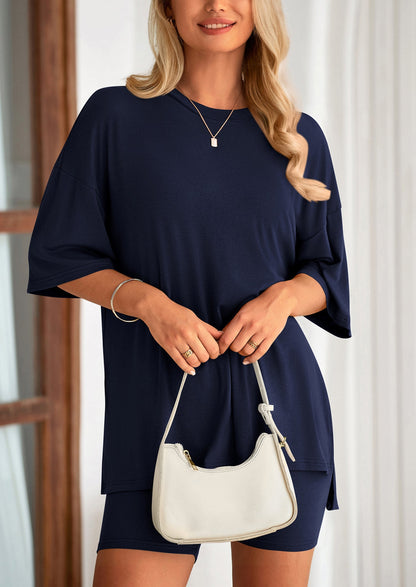 Osonn Women's Two Piece Lounge Set Summer Casual Oversized Shirts Biker Shorts Matching Airport Travel Outfit