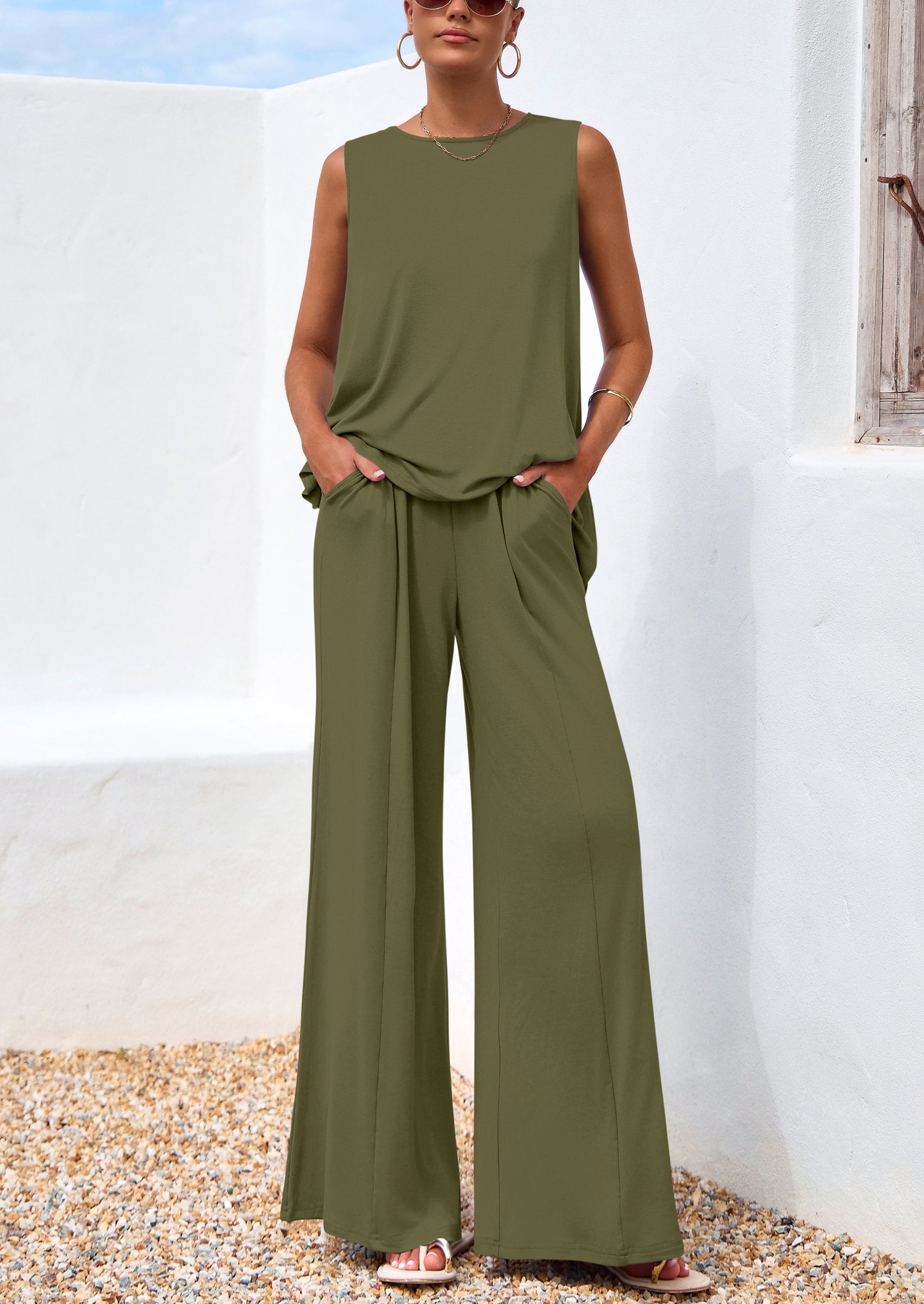 Osonn Women's Two Piece Matching Lounge Sets Asymmetrical Split Tank Tops Wide Leg Pants Summer Outfits Tracksuit