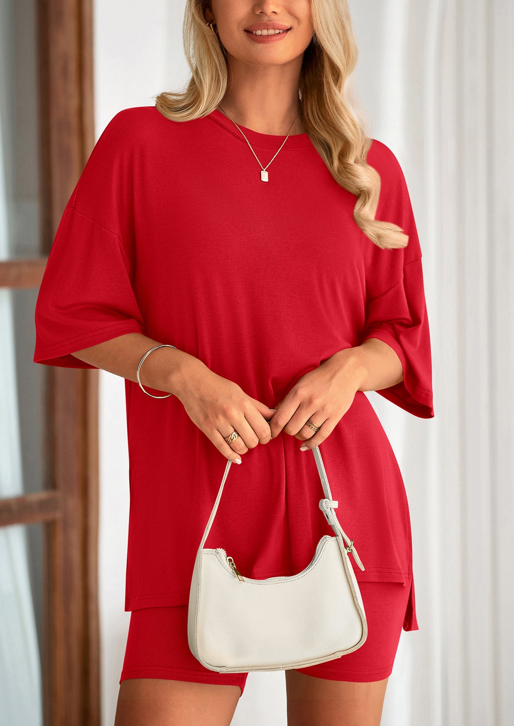 Osonn Women's Two Piece Lounge Set Summer Casual Oversized Shirts Biker Shorts Matching Airport Travel Outfit