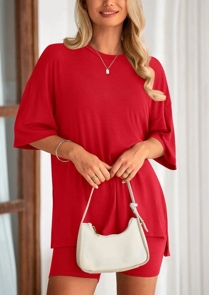 Osonn Women's Two Piece Lounge Set Summer Casual Oversized Shirts Biker Shorts Matching Airport Travel Outfit