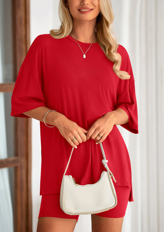 Osonn Women's Two Piece Lounge Set Summer Casual Oversized Shirts Biker Shorts Matching Airport Travel Outfit