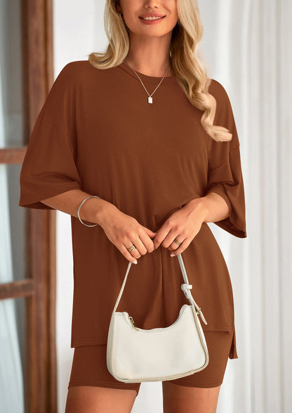 Osonn Women's Two Piece Lounge Set Summer Casual Oversized Shirts Biker Shorts Matching Airport Travel Outfit