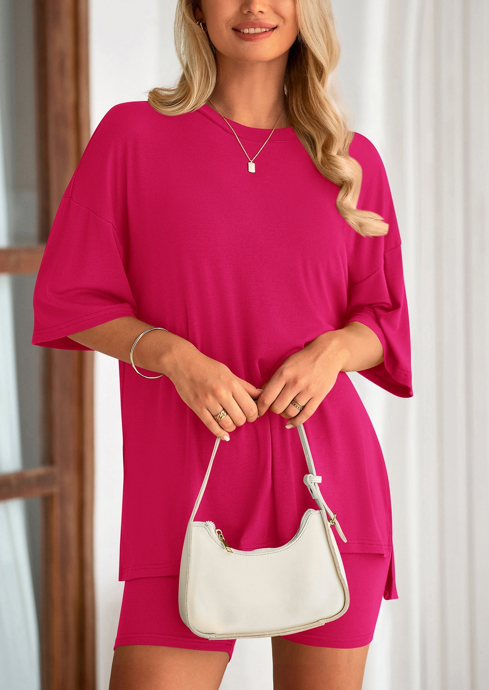 Osonn Women's Two Piece Lounge Set Summer Casual Oversized Shirts Biker Shorts Matching Airport Travel Outfit