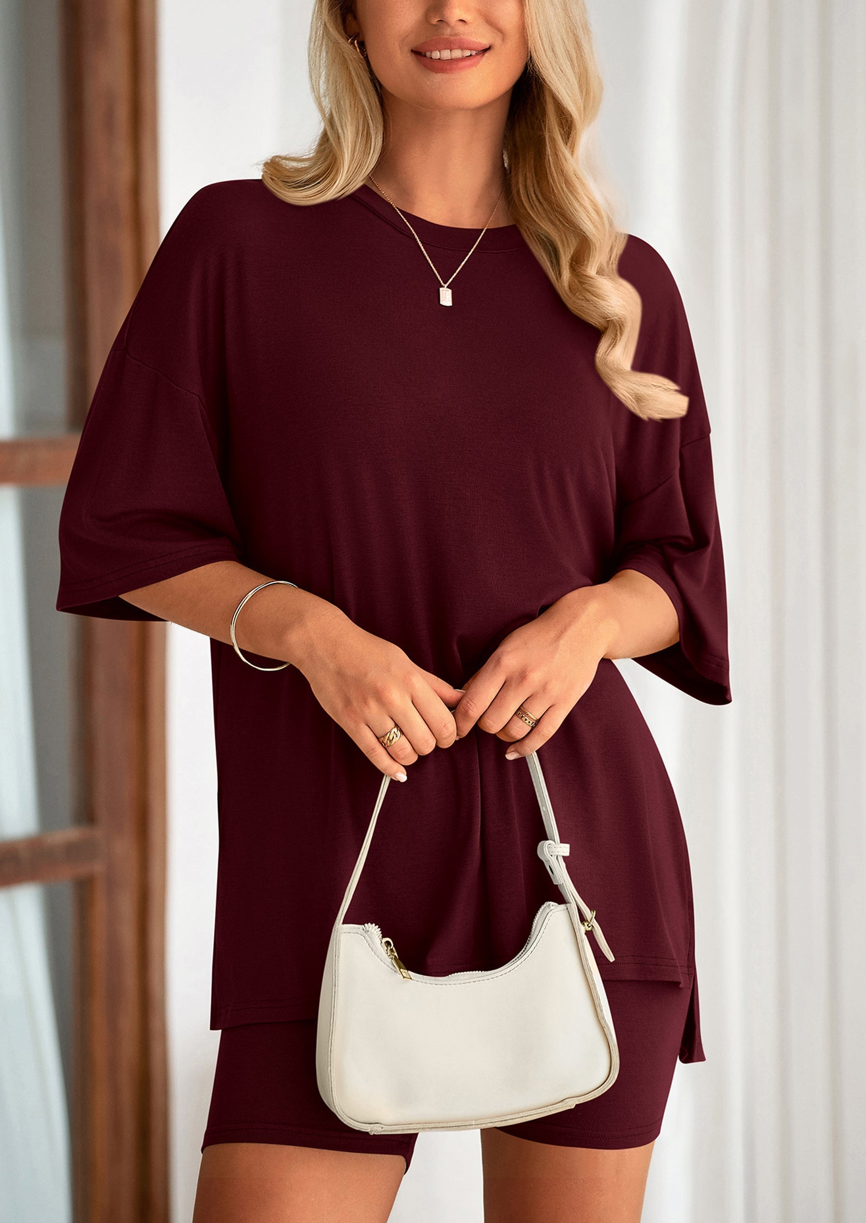 Osonn Women's Two Piece Lounge Set Summer Casual Oversized Shirts Biker Shorts Matching Airport Travel Outfit